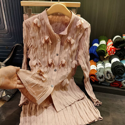 Design Sense Niche Women's Chic Daily Wear Two-Piece Set Handmade Pleated 3D Flower Summer Autumn Chiffon Skirt Solid Casual