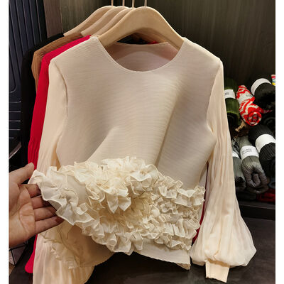 Women's Stylish Age-Reducing Loose-Fitting Long-Sleeved T-Shirt Heavy Industry Lace Pleated Top Spring New Knitted Anti-Pilling