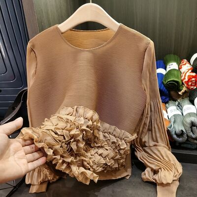 Women's Stylish Age-Reducing Loose-Fitting Long-Sleeved T-Shirt Heavy Industry Lace Pleated Top Spring New Knitted Anti-Pilling