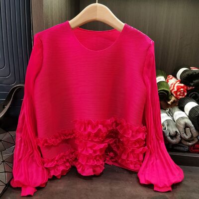 Women's Stylish Age-Reducing Loose-Fitting Long-Sleeved T-Shirt Heavy Industry Lace Pleated Top Spring New Knitted Anti-Pilling