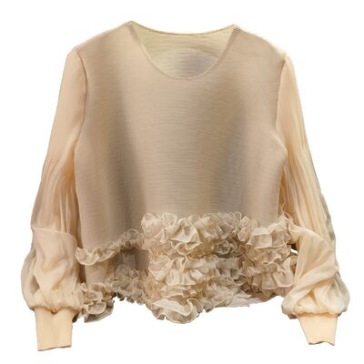 Women's Stylish Age-Reducing Loose-Fitting Long-Sleeved T-Shirt Heavy Industry Lace Pleated Top Spring New Knitted Anti-Pilling