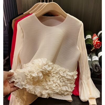 Women's Stylish Age-Reducing Loose-Fitting Long-Sleeved T-Shirt Heavy Industry Lace Pleated Top Spring New Knitted Anti-Pilling