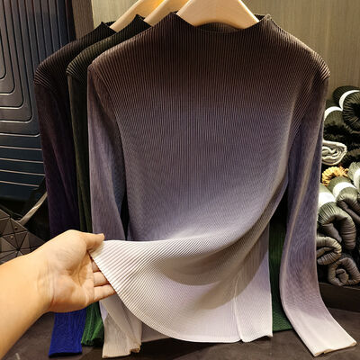 Advanced Sense Woman's Pleated Top 100 Fashion T-Shirt Gradual Color Toothpick with Half High Neck and Long Sleeves for Autumn