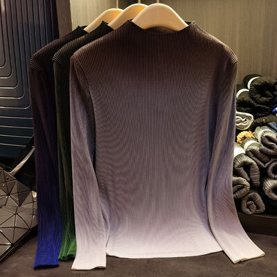 Advanced Sense Woman's Pleated Top 100 Fashion T-Shirt Gradual Color Toothpick with Half High Neck and Long Sleeves for Autumn