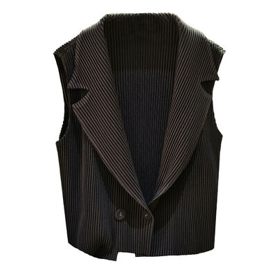 2025 Women's Double Breasted Solid Color Pleated Vest Coat with Knitted Fabric Spring Collection Elegant Double Collar Suit