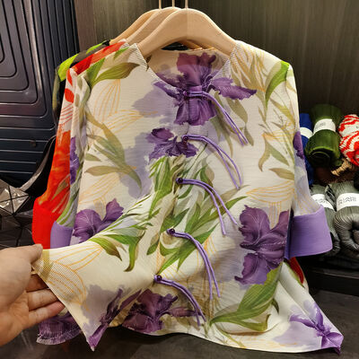 Women's Retro Chinese Style Printed Neck Long-Sleeved Jacket with Pleated Top and Button Down Casual Outerwear for Spring