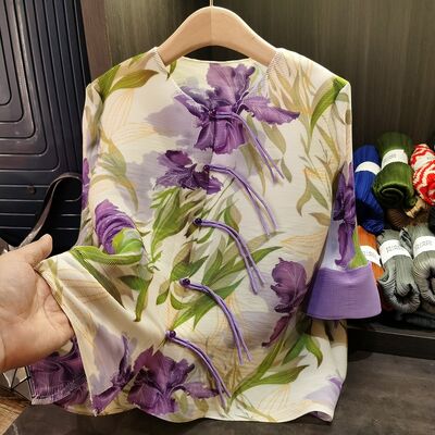Women's Retro Chinese Style Printed Neck Long-Sleeved Jacket with Pleated Top and Button Down Casual Outerwear for Spring