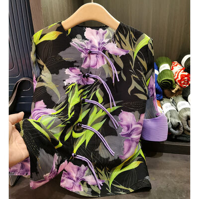 Women's Retro Chinese Style Printed Neck Long-Sleeved Jacket with Pleated Top and Button Down Casual Outerwear for Spring