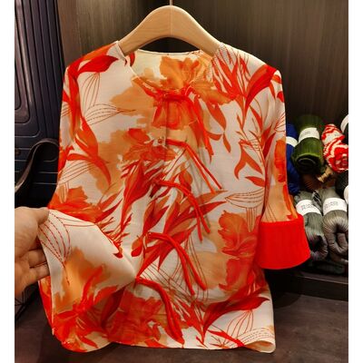 Women's Retro Chinese Style Printed Neck Long-Sleeved Jacket with Pleated Top and Button Down Casual Outerwear for Spring