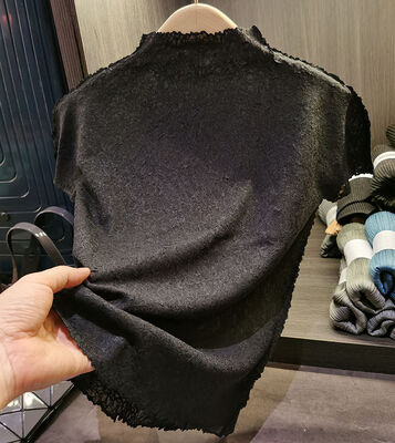 Light Hand Pinched Crepe Stand Collar Short-sleeved T-shirt Women's Casual All-matching Slim Pleated Top Women's New Summer Styl