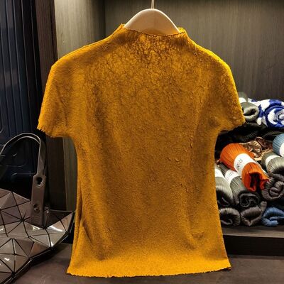 Light Hand Pinched Crepe Stand Collar Short-sleeved T-shirt Women's Casual All-matching Slim Pleated Top Women's New Summer Styl