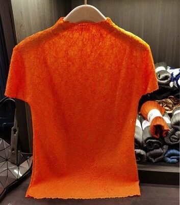 Light Hand Pinched Crepe Stand Collar Short-sleeved T-shirt Women's Casual All-matching Slim Pleated Top Women's New Summer Styl