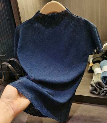 Light Hand Pinched Crepe Stand Collar Short-sleeved T-shirt Women's Casual All-matching Slim Pleated Top Women's New Summer Styl