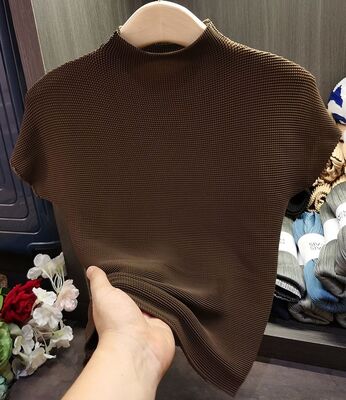 Light Hand Pinched Crepe Stand Collar Short-sleeved T-shirt Women's Casual All-matching Slim Pleated Top Women's New Summer Styl