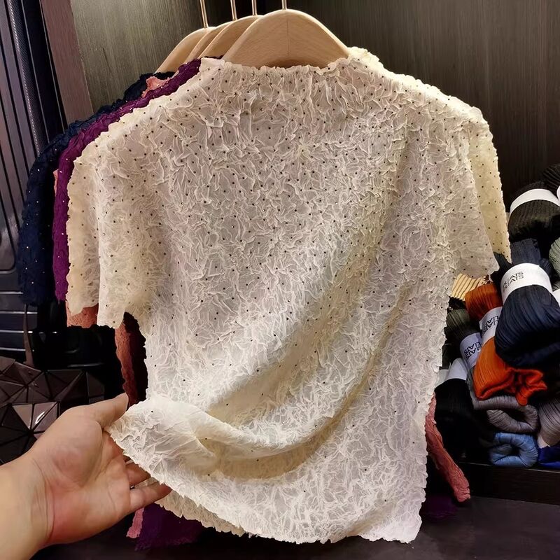 Hot pressed diamond pleated short sleeved T-shirt, summer new style, fashionable stand up collar, versatile pleated top