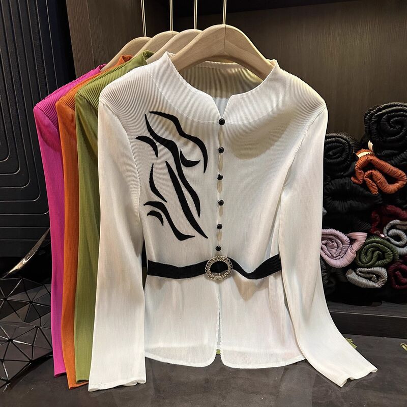 Autumn new European and American fashion printed pleated print V-neck T-shirt with slimming and versatile long sleeved top