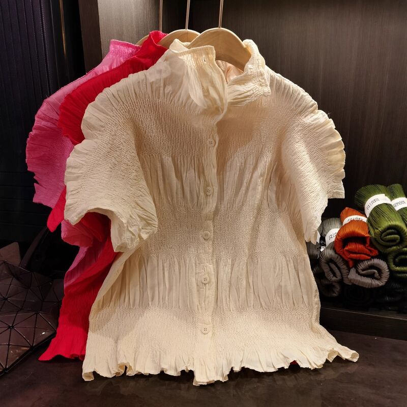 Women's Elegant Loose-Fitting Slimming Top Stand-Up Collar  Craftsmanship Breathable Sweat-Absorbent Heavy Blouses Shirts