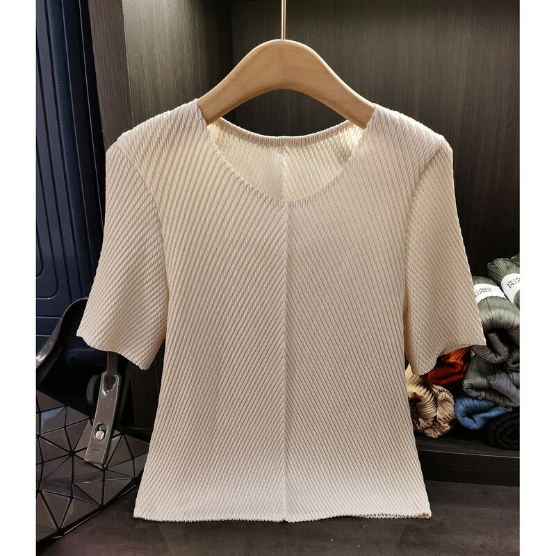 High-End Women's Elegant Dragon Scale Pleated T-Shirt Solid Color Short Sleeve Summer New Versatile Knitted Anti-Pilling
