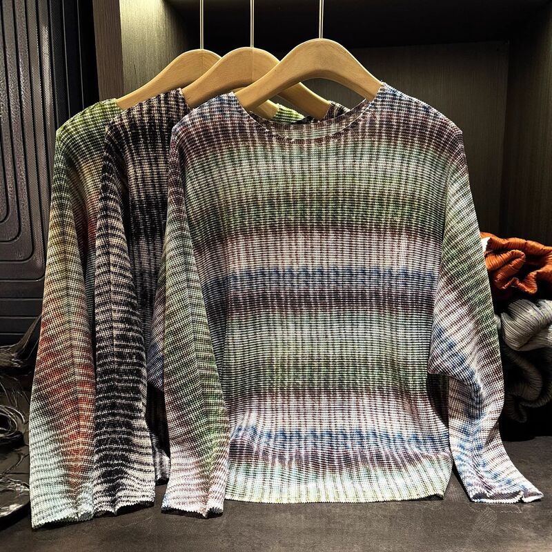 Niche Design Stylish Casual Loose Slimming T-Shirt High-End Striped Tie-Dye Printed Batwing Sleeve Neck Top Polyester Knitted