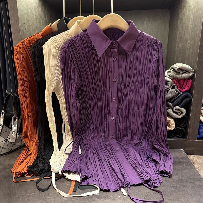 High-end Elegant Solid Color Woven Office Autumn Anti-Pilling Regular Fit Pleated Turn-down Collar Versatile Long Sleeve Blouse