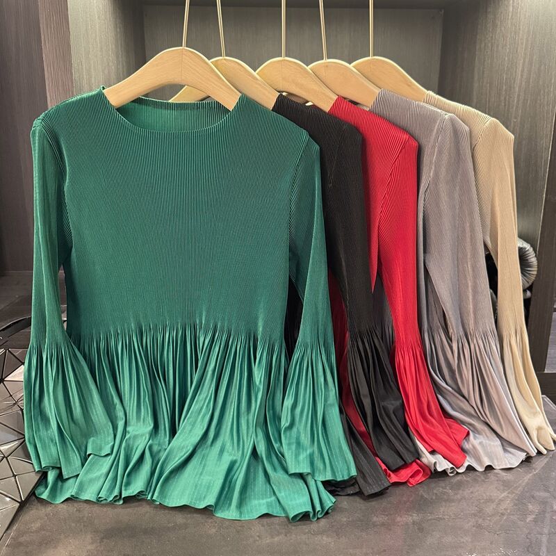 2025 Early Autumn Spring New Style Women's Fashionable Long Sleeve Pleated T-Shirt Solid Color Versatile Top Patchwork Design