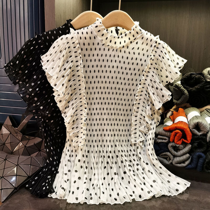 French-Style Elegant Short-Sleeve T-Shirt High-End New Summer Age-Reducing Lightweight Top Polka-Dot Print Lotus Leaf Hem Loose