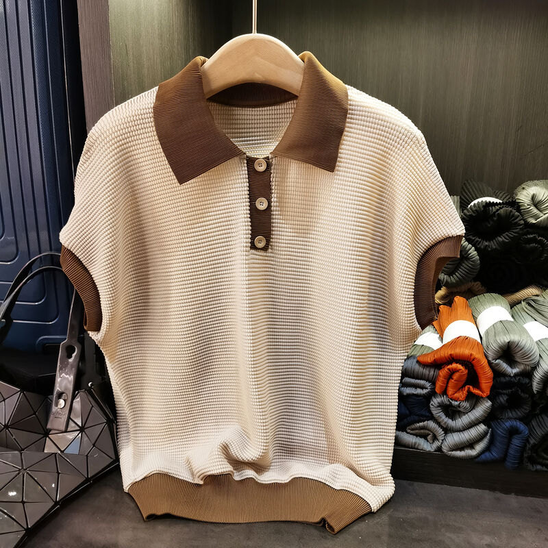 Summer High-End Slimming Short-Sleeve T-Shirt Loose Casual Corn Grain Color-Blocked Lapel Top Anti-Pilling Feature