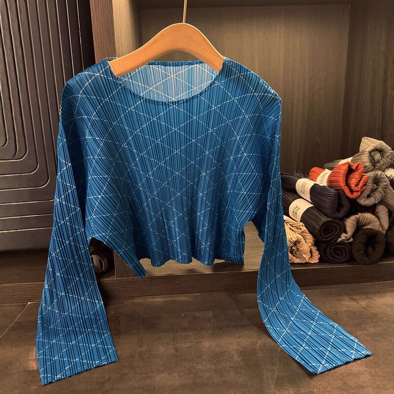 Autumn New Style High-End Plaid Print T-Shirt Elegant Versatile Slimming Casual Long Sleeve Top Made Anti-Pilling Polyester