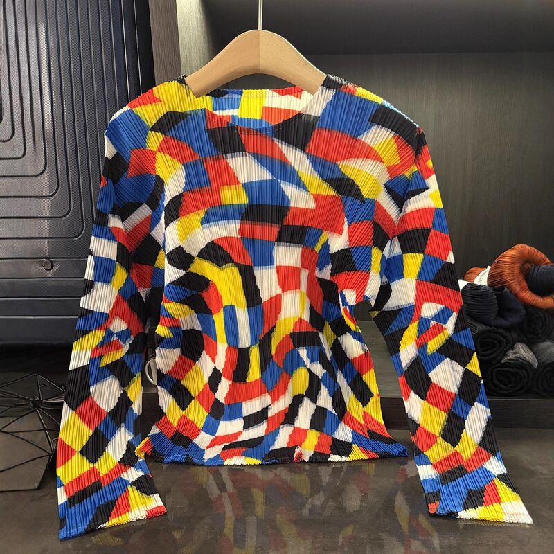 Autumn Women's Cross-Border Niche Geometric Print Top Neck T-Shirt Bat Wing Sleeves Made Versatile Polyester Knitted New Casual