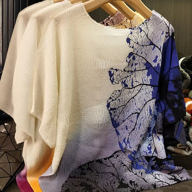 Women's Summer Retro Ink Gradient Printing Round Neck Top Breathable Thin Knitted All-Match T-Shirt New Loose Casual Style