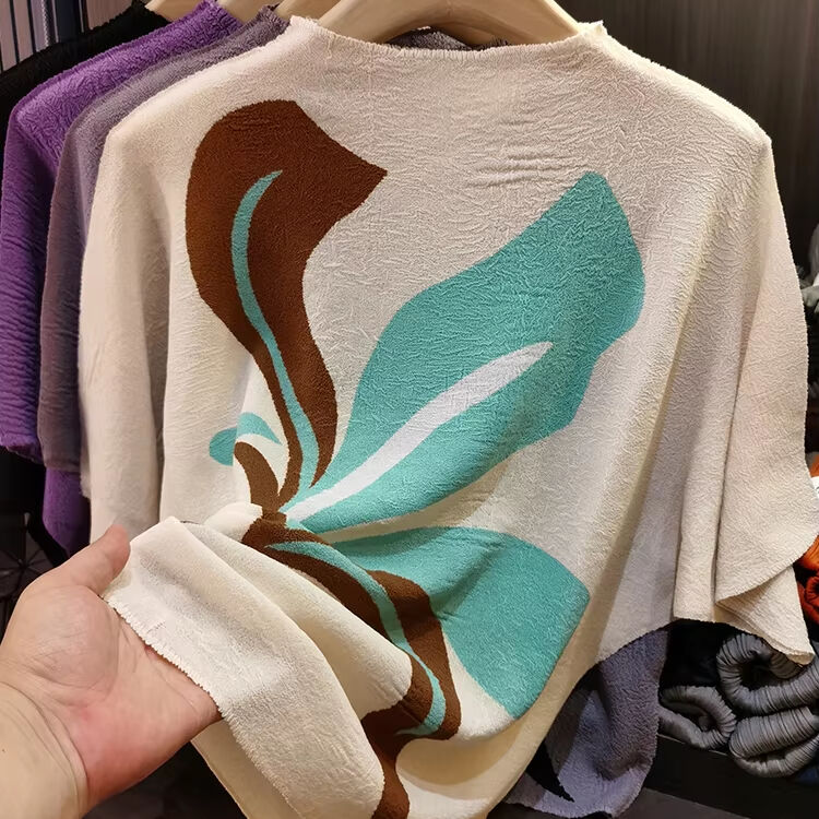 Women's Elegant Casual Printed Pleated Top All-Season Bat-Sleeve T-Shirt Age-Reducing Loose Flesh Covering Knitted Summer