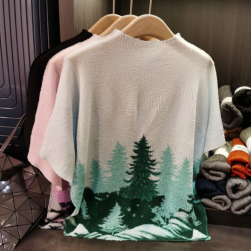 Casual Women's Summer Joker 3D Printed Bat Sleeve T-Shirt Large Size Slim Anti-Pilling Knitted Fabric Stylish Collar Loose