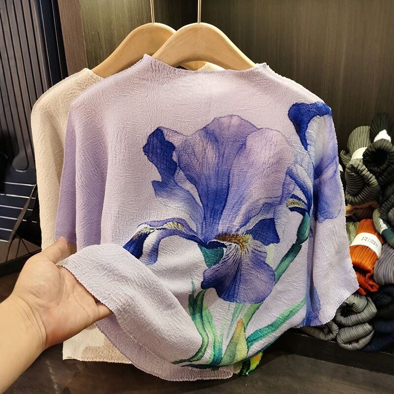High-End Summer T-Shirt Loose Breathable Slimming Bat Sleeve with O-Neck Versatile Flower Print Casual Knitted Top