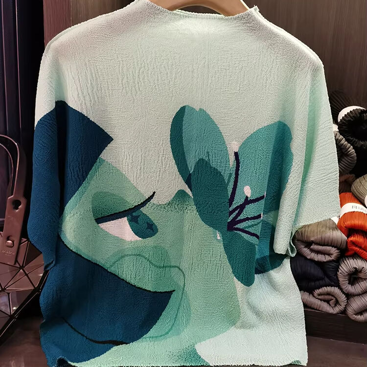 High-End Women's Summer Slimming Short-Sleeved T-Shirt New Western-Style Printed Loose Plus Size Belly Covering Casual Knitted