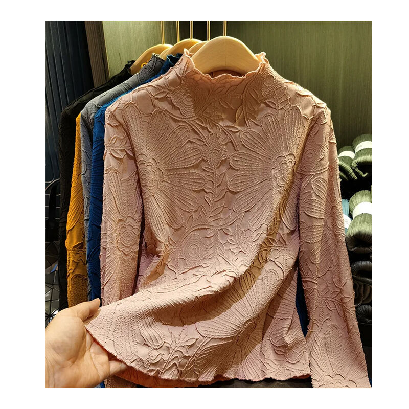 Japanese Pleated Stand Collar Long Sleeve T-shirt Top Printed Pleated Embodying Pleated Process Makes Flower Fashionable