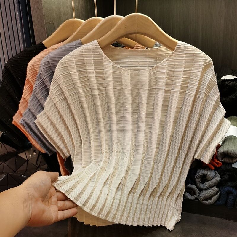 Women's Summer New Pleated Casual Style Youthful Short Sleeve Top Solid Color Loose Plain Dyed Knitted Anti-Pilling Vertical Pit
