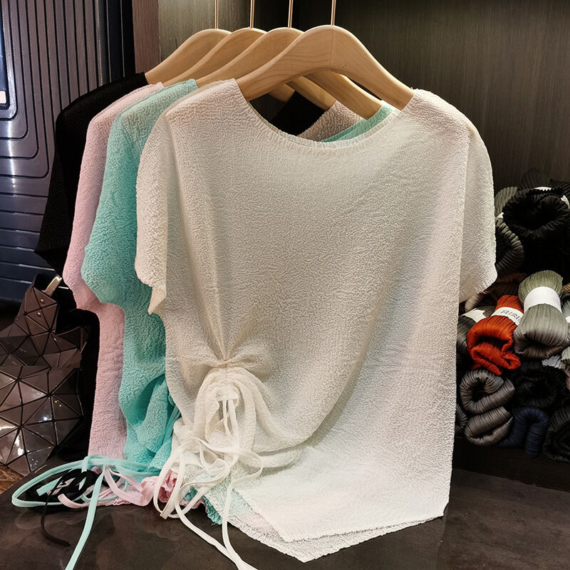Women's Summer Casual T-Shirt Top Fresh Sweet Bow Tie Design in Solid Colors Round Neck Slimming Style Anti-Pilling Feature