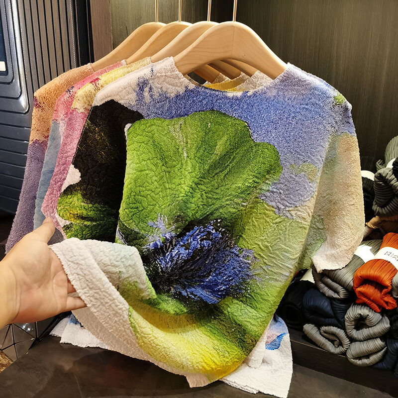 New Elegant Women's Summer Top Retro Ink Print Contrasting Color Loose Large Size Pleated Neck T-Shirt Casual Knitted Fabric