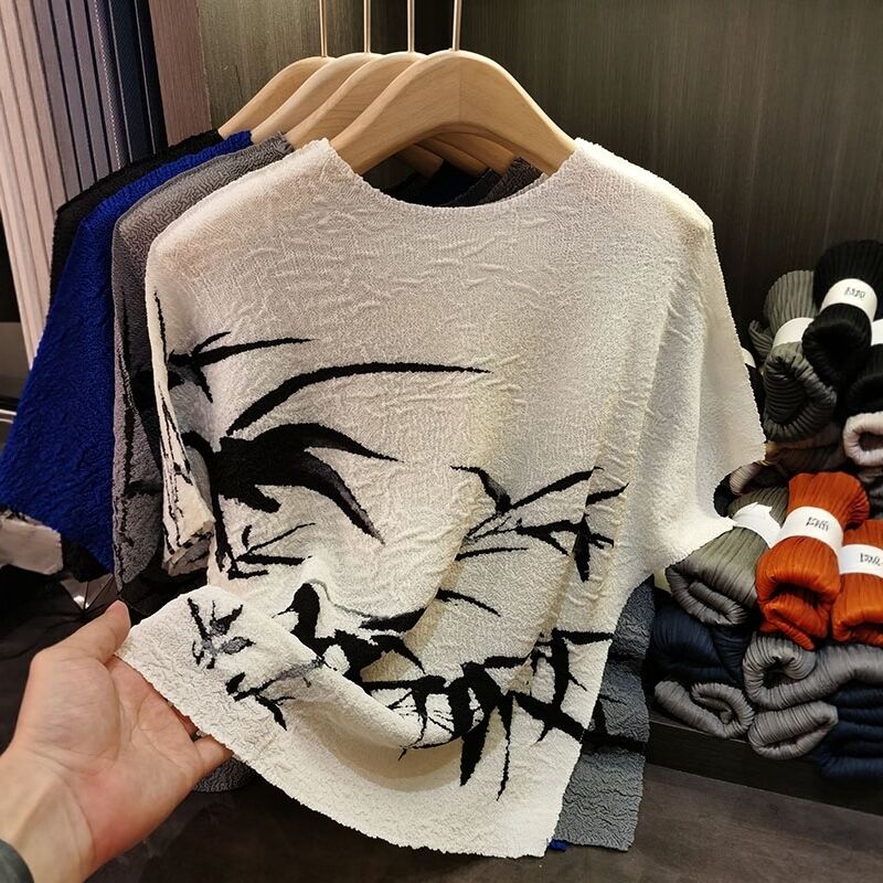 Retro pleated summer new Chinese ink bamboo print T-shirt fashionable plus size women's casual top