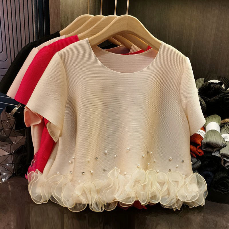 Miyake's Feminine Summer Top Beaded Ruffled Pleated T-Shirt Neck Sweet Slim Knitted Fabric Anti-Pilling Short-Sleeved Versatile