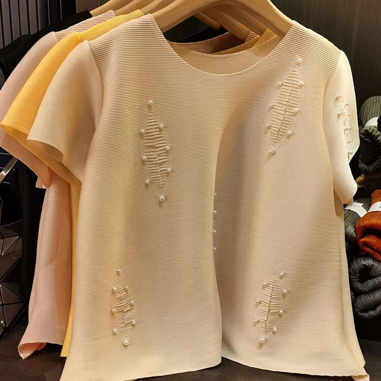 Women's Summer New Fashion Casual Elegant Pleated Bead Solid Color Age-Reducing Top All- Match Short-Sleeved Loose Fit Knitted