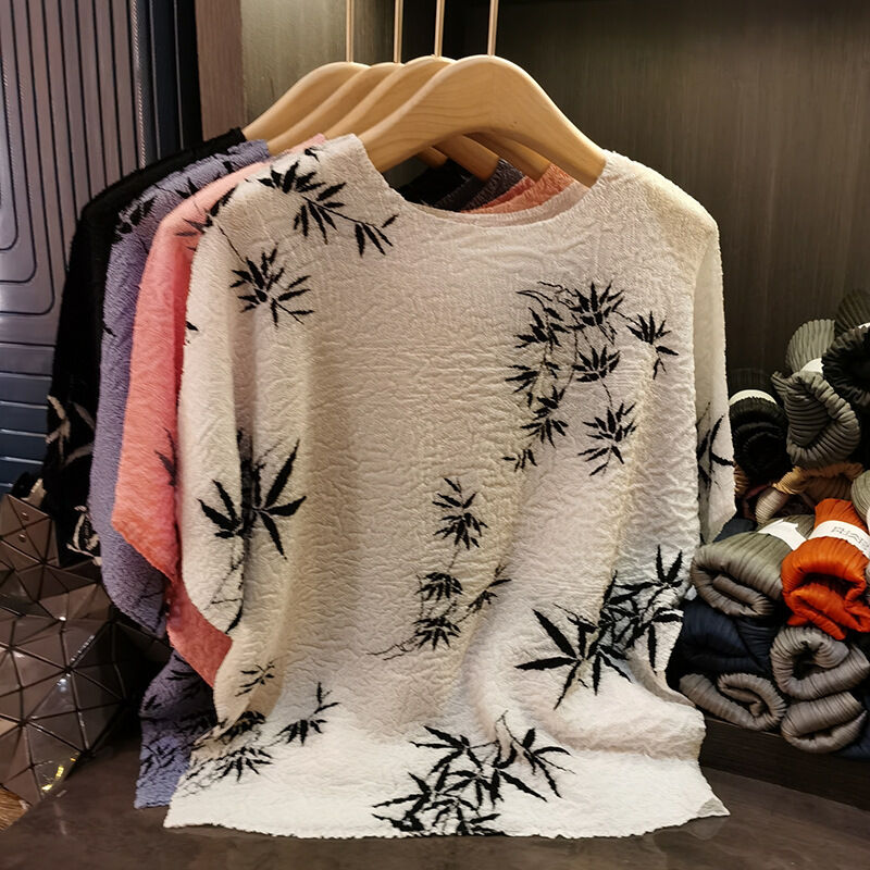 Casual Chinese Style Round Neck T-Shirt Ink Print Anti-Pilling Knitted Fabric Digital Printing for Summer