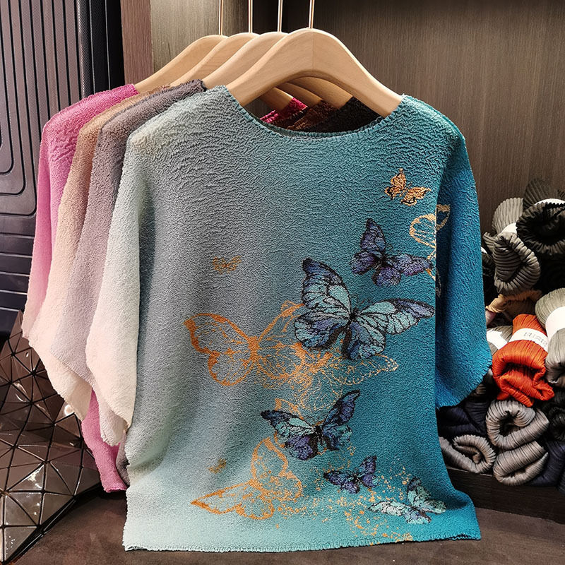 High-End Women's Summer T-Shirt Butterfly Gradient Print New Round Neck Versatile Loose Top Casual Solid Pattern Knitted Fabric