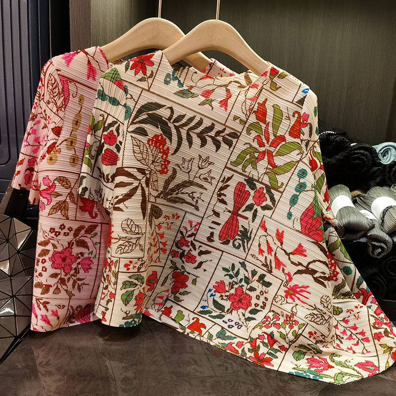 Printing Women's Spring Summer Top New Design Irregular Pleated T-Shirt Chinese Style Printed Versatile Slimming Breathable