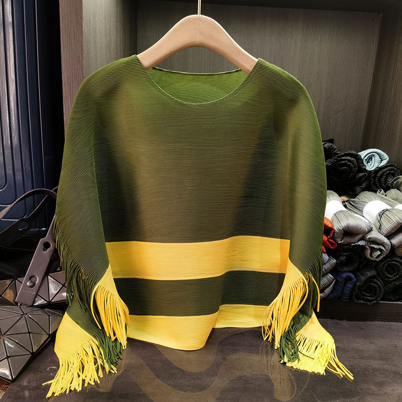 Niche Design Summer Pleated Top for Women Casual Loose Plus Size Neck Cape Tassel Color Block Made Polyester Knitted