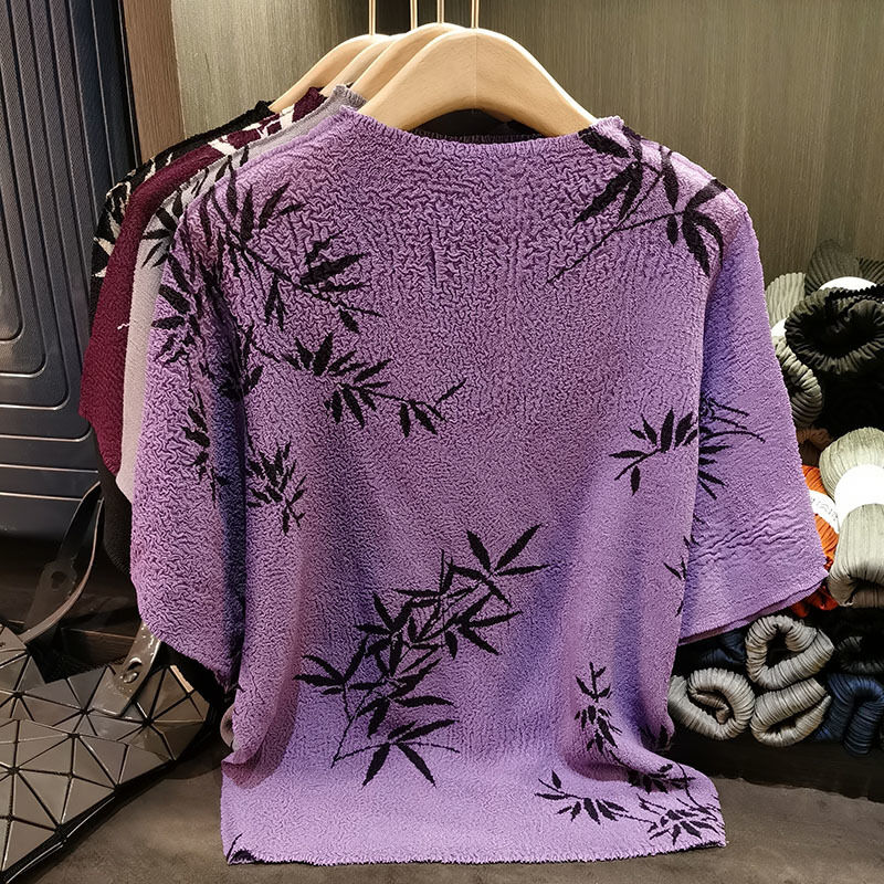 Women's Summer Short-Sleeved T-Shirt Breathable National Style with New Ink Print Design Loose Pleated Top