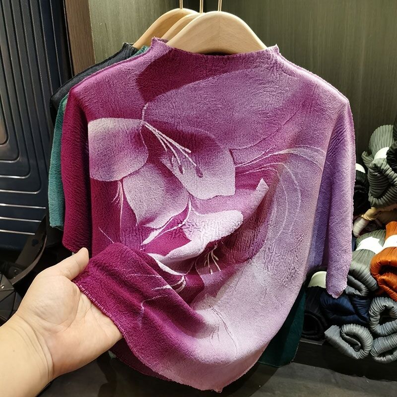 Women's Elegant Loose Plus Size Top New Spring Summer Anti-Pilling Knitted Casual Versatile Slimming Neck Design Printed