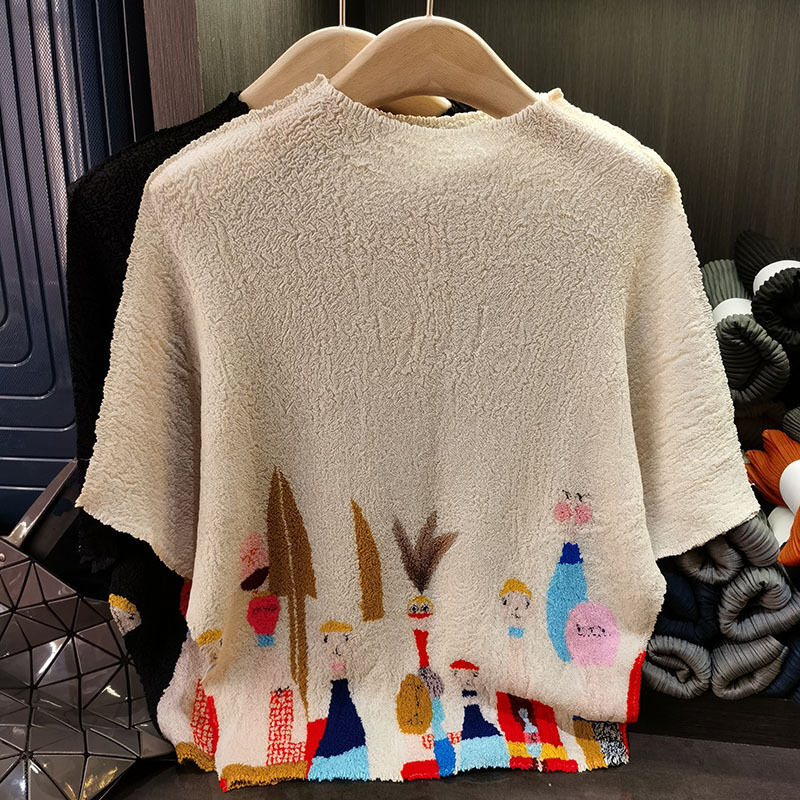 Elegant Eco-Friendly Summer Casual Collection New Large Size Printed Pleated T-Shirt Short-Sleeved Top in Knitted Style