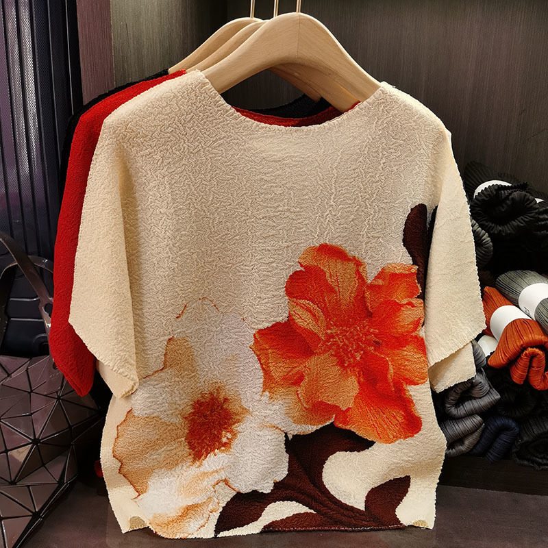 New Chinese Style Spring Elegant Neck T-Shirt Fashionable Short Sleeve Top Pleated Print Casual Loose Fit for Summer