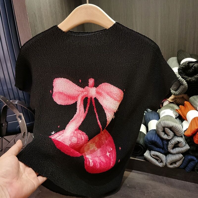 T-Shirt Cherry Print Slim Casual Round Neck Loose Versatile Ruched Top for Summer